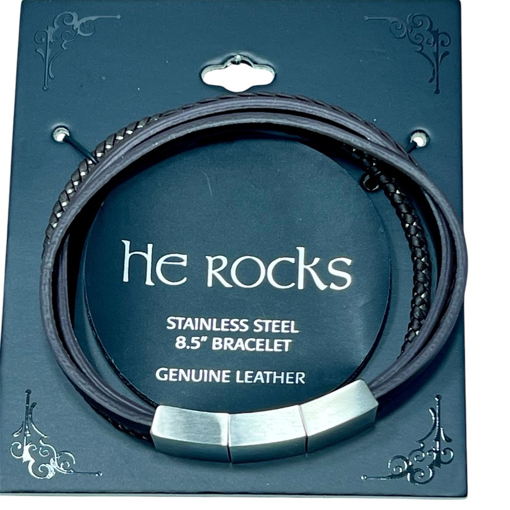 He Rocks Brown Leather Multi Strand Real Leather & Stainless Steel Bracelet